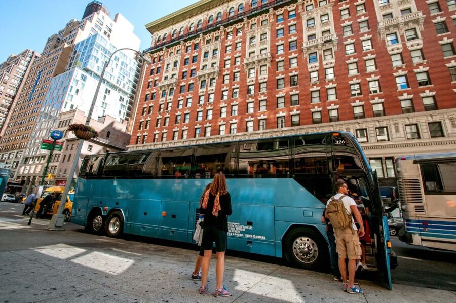 New York City: Bus Tour from Manhattan - West Highway toward Herald Square: rebuilt World Trade Center complex area and final drop