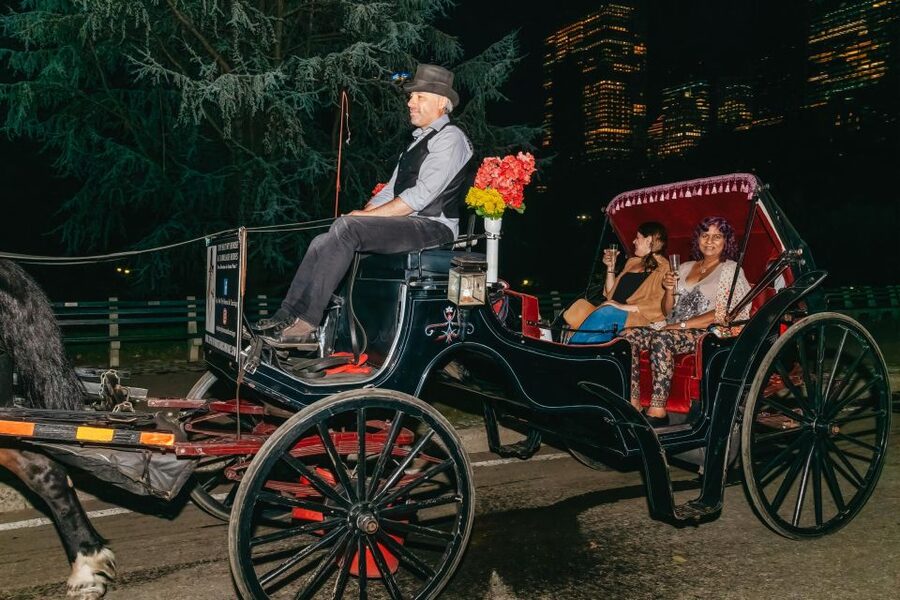 NYC MOONLIGHT HORSE CARRIAGE RIDE through Central Park - The closing loop: Tavern on the Green back toward Sheep Meadow and Pinebank Arch